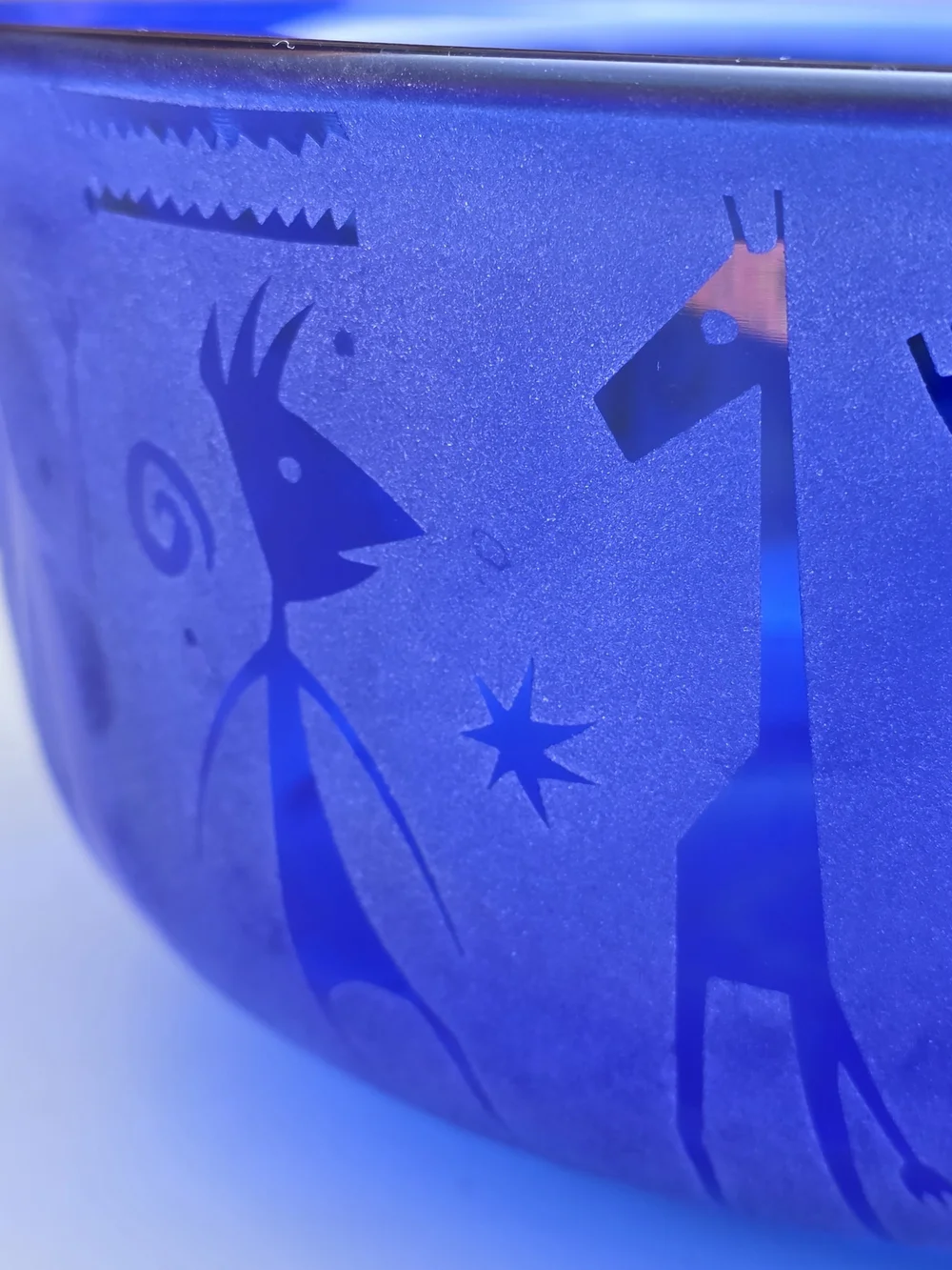 Leandra Drumm Etched Blue Glass Bowl with Whimsical Figures 9
